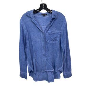 Velvet Heart Shirt Size Large Button Front Long Sleeve High Low Blue Rayon Work